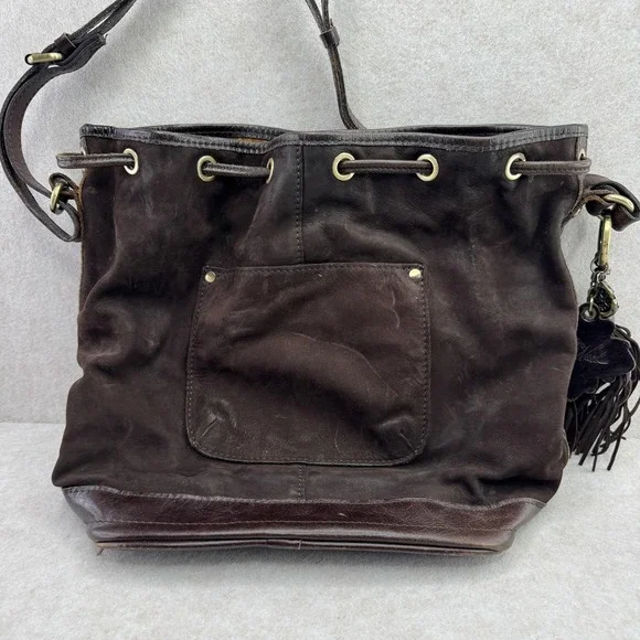 Patricia Nash Bag Womens Medium Dark Brown Suede Bucket Drawstring Fringe - Picture 4 of 16